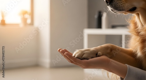 Golden Retriever Paw in Human Hand: Trust, Love & Pet Connection perfect for pet care websites, veterinary clinics, animal welfare