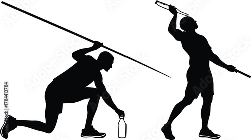 Athlete preparing to throw javelin, another athlete in motion, dynamic sports action captured in silhouette