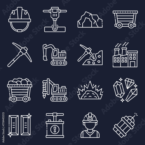 A comprehensive set of line art icons representing the mining industry, including equipment, extraction processes, and valuable minerals illustration