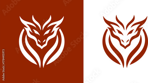 Logo Abstract Dragon Head Icon in Two Color Variations Brown and White, Minimalist Design