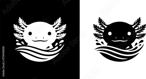 Happy axolotl character icon in splashing water. A cute amphibian mascot logo design in a simple black and white silhouette style