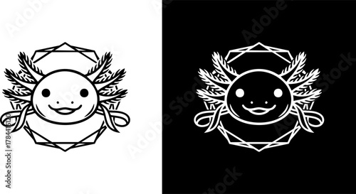 Logo Charming and whimsical axolotl illustration, featuring a smiling amphibian face framed by a decorative geometric outline, perfect for a cheerful and unique design element