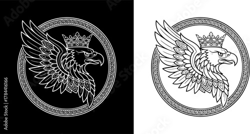 Logo Majestic griffin symbol with a regal crown and powerful wings, encircled by an ornate frame, depicting a classic heraldic emblem in a detailed line art illustration