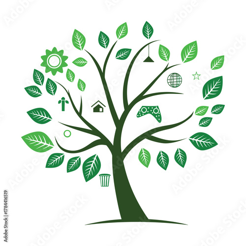 A creative green tree illustration symbolizing growth, sustainability, and modern technology. The tree branches hold eco-friendly and digital icons, representing harmony between nature and innovation.