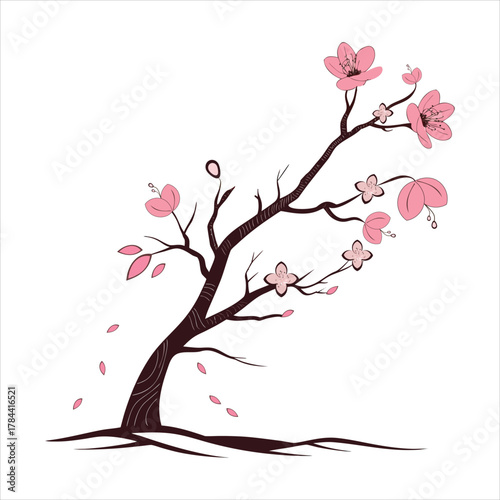 Elegant illustration of a blossoming cherry tree with delicate pink flowers. The graceful branches curve naturally, symbolizing beauty, growth, and renewal. Falling petals create a peaceful and poetic
