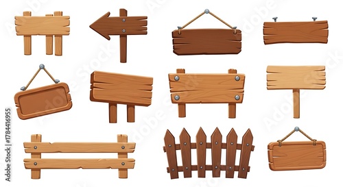 A collection of twelve cartoon-style wooden signs and fences in various shapes and shades of brown.
