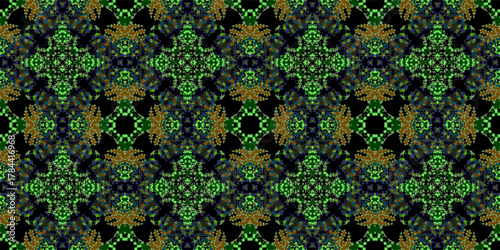 Abstract Pixel Mosaic Geometric Seamless Pattern. seamless tile. Dark Geometric Mandala Dot Art Seamless Background Texture. Abstract Grid with Colorful Pixelated Floral Shapes.