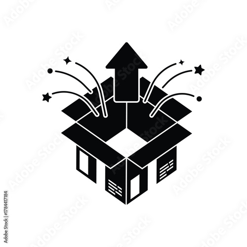 This unboxing package icon perfectly represents the excitement and process of opening a new delivery. Designed in a clean, minimalist silhouette style