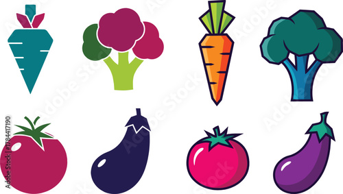 Set of Colorful Vegetable Icons Carrot Broccoli Tomato Eggplant Vector