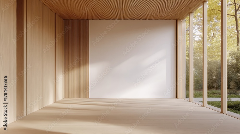 Fototapeta premium Minimalist wooden interior with large windows overlooking nature