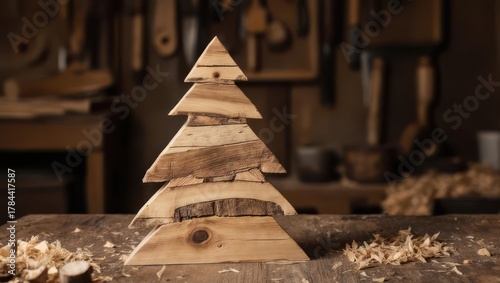 Handcrafted Wooden Christmas Tree Decoration in Workshop Setting.