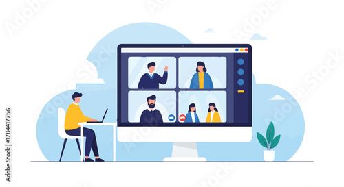 Online video conference meeting with colleagues for remote work concept