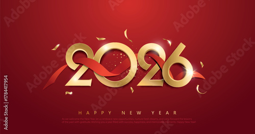 Chinese Happy New Year 2026 banner with golden text and ribbon on red background. Vector illustration.
