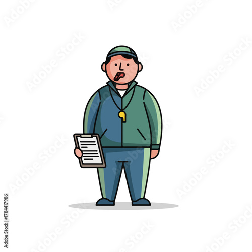 Cartoon Coach Character with Whistle and Clipboard Line Art Illustration