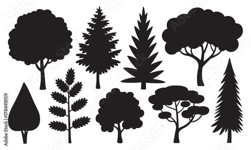 Set of different tree silhouettes isolated on white background for decoration