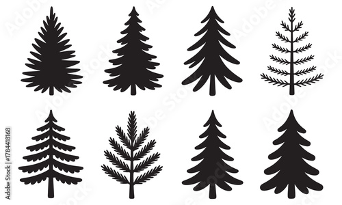 Collection of various fir tree silhouettes isolated on white background art