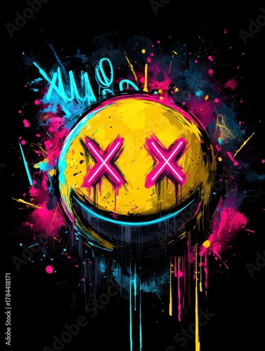 Vibrant Neon Smiley Face with Artistic Splashes in Bold Colors