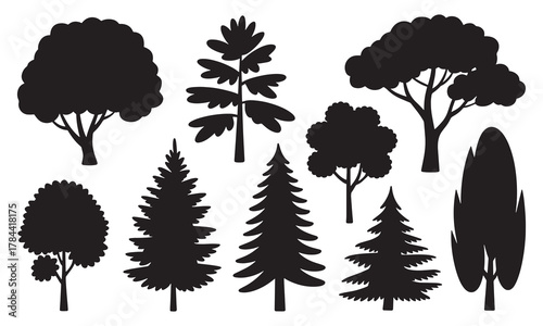 Set of different tree silhouettes isolated on white background for design