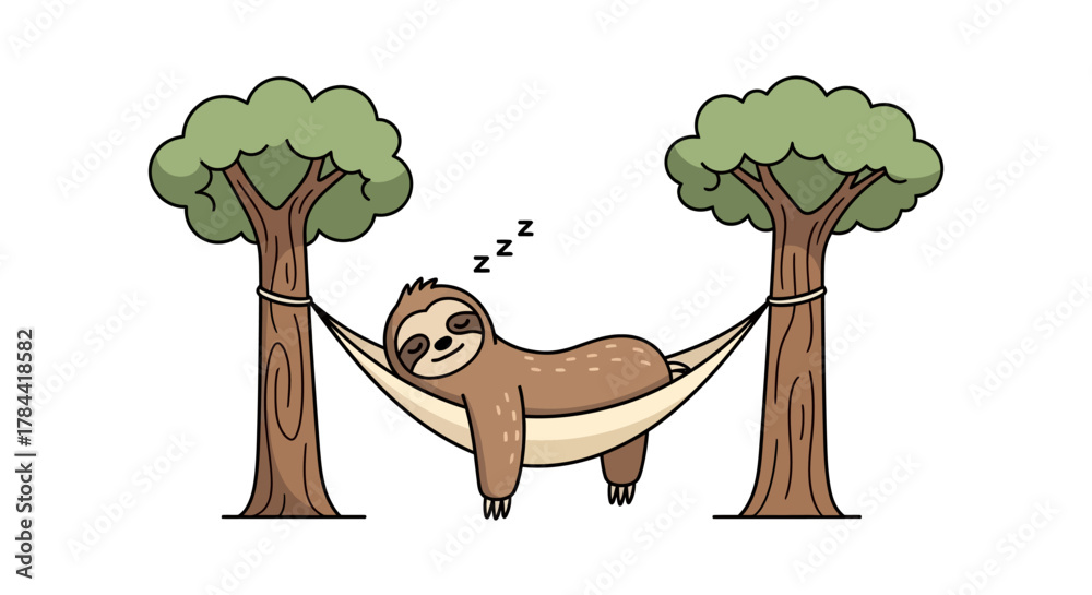 Naklejka premium Charming cartoon illustration of a sleepy sloth peacefully napping in a cozy fabric hammock, suspended between two sturdy green trees, perfect for conveying tranquility and rest in nature