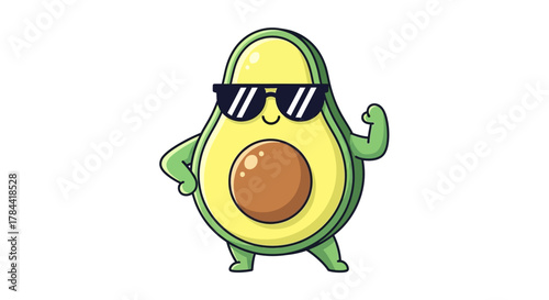 Cool and Confident Cartoon Avocado Character Posing with Sunglasses, Flexing Bicep, Symbolizing Healthy Lifestyle and Strength, Fun Vector Illustration