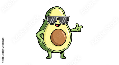 Cool and playful avocado character, confidently wearing stylish sunglasses and making a finger gun gesture. Vibrant vector food mascot with a happy and healthy vibe