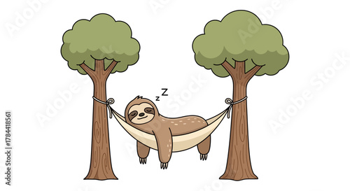 Charming cartoon illustration of a peaceful sloth catching some Zs in a comfortable hammock, suspended between two sturdy green trees, depicting ultimate tranquility and leisurely repose