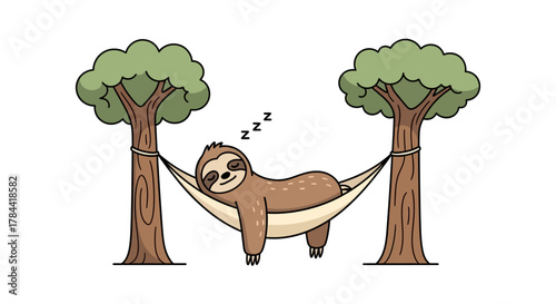 Charming cartoon illustration of a sleepy sloth peacefully napping in a cozy fabric hammock, suspended between two sturdy green trees, perfect for conveying tranquility and rest in nature