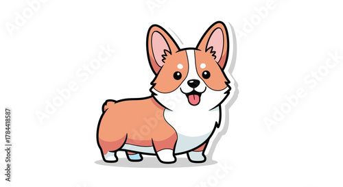 Playful and adorable cartoon Corgi puppy illustration, smiling cheerfully with tongue out, showcasing its iconic short legs and fluffy appearance, ideal for charming graphic designs