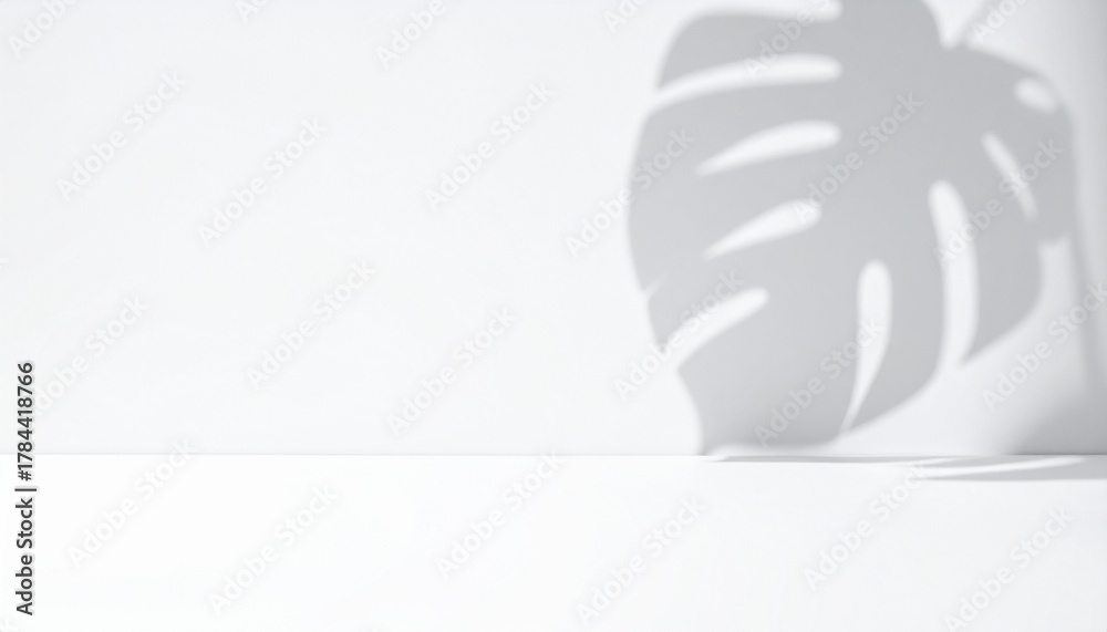 Fototapeta premium Monstera leaf shadow on white background with empty space for product display, minimalist aesthetic