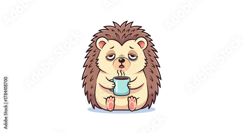 Sleepy Hedgehog Character with Coffee Cup Illustration A Humorous Cartoon Depiction of Morning Fatigue and the Need for a Caffeine Boost to Start the Day