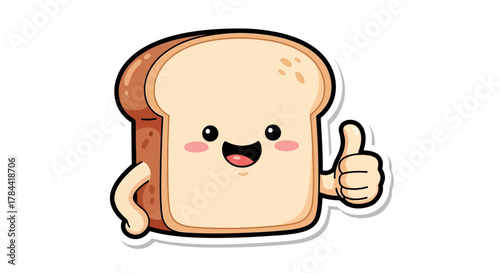Happy cartoon bread slice giving a positive thumbs-up, perfect for food and bakery themes, representing freshness, deliciousness, and approval in charming graphic designs