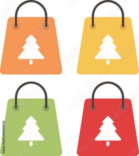 Christmas shopping bag flat vector icon set with pine tree