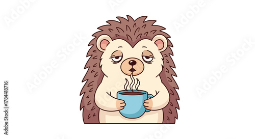 Vector illustration of a sleepy hedgehog holding a steaming hot mug. The cute cartoon character with tired eyes is perfect for themes of morning fatigue or a cozy warm beverage