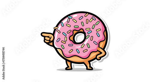Playful Cartoon Donut Character with Vibrant Pink Frosting and Colorful Sprinkles, Expressively Pointing a Finger to Give Sweet Advice, Direction, or a Friendly Suggestion