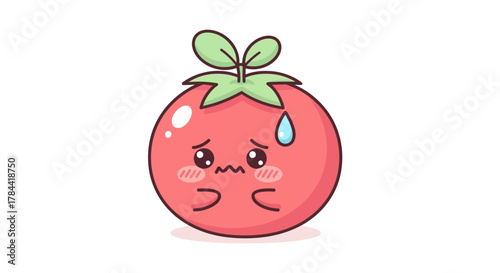 Whimsical cartoon red tomato character with an anxious face and a sweat drop, expressing worry or shyness in a playful vector style for various design applications