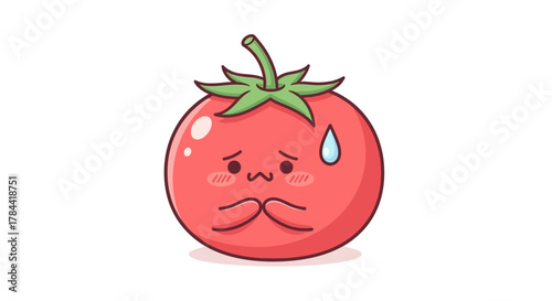 Charming vector illustration of a shy and worried tomato character with a cute bashful expression, featuring a sweatdrop and blushing cheeks, ideal for emotional graphic designs