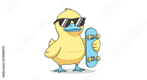 Charming cartoon duck showcasing a vibrant, playful attitude, sporting stylish sunglasses and casually holding a skateboard, embodying a cool, summer vibe