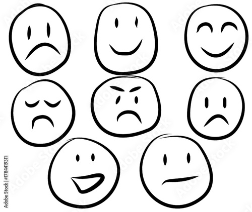 set of funny faces, set of smiles, set of smiley faces, Hand drawn doodle emoticons set. Chalk or marker style faces with various expressions isolated on white - 1