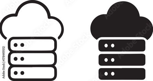 Cloud computing server stack technology icon in two styles, representing modern data storage, network infrastructure, and digital solutions for it. isolated on white background, Vector, illustration