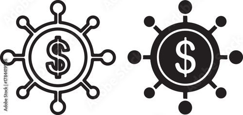 Financial network icon representing money distribution, centralized finance, economic connections, and investment flow system for business isolated on white background, Vector, illustration