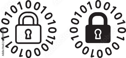 Digital data security padlock icon surrounded by binary code representing robust cyber protection, encryption, privacy, and secure online access isolated on white background, Vector, illustration