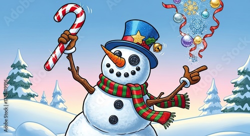 Joyful Snowman Holding a Candy Cane in a Whimsical Festive Christmas Winter Scene