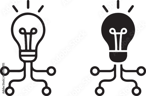 Inspiration and innovation: outline and solid lightbulb icons connected to a neural network, representing ideas, solutions, and connectivity. isolated on white background, Vector, illustration