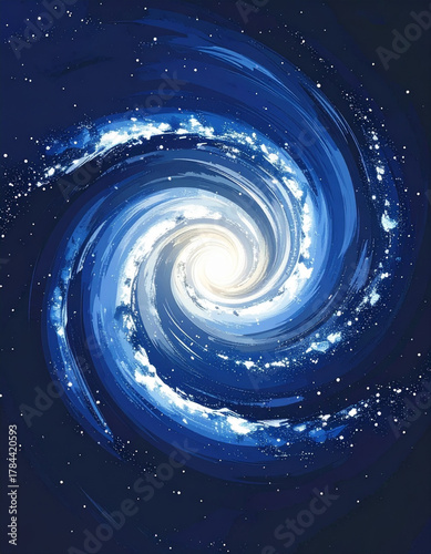 Swirling galaxy illustration in shades of blue and white against a dark background.