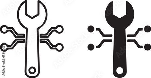 Digital wrench tool icon with circuit board elements representing technology, maintenance, technical support, and cyber security solutions. isolated on white background, Vector, illustration