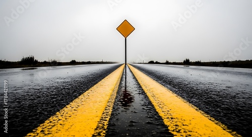 Wet road with yellow lines leading to a yellow diamond-shaped sign on the horizon.