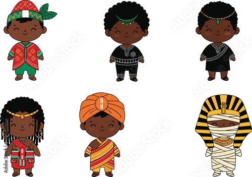 African children in traditional clothing, cultural diversity illustration, ethnic heritage outfits, cartoon kids costume, multicultural attire, unity, heritage celebration, global culture