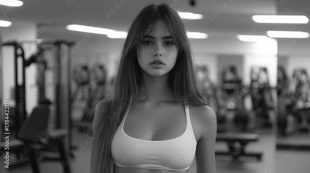 Fototapeta premium A confident young woman stands in a gym, dressed in athletic attire, exuding determination and focus, This image can be used for fitness promotions, lifestyle blogs, or health-related articles,
