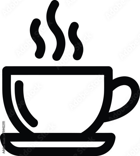 Steaming hot coffee cup icon on a saucer. Simple black line art vector illustration representing a morning beverage, cafe, or break time