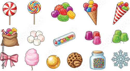 Sweet candy collection, featuring lollipops, jelly beans, cotton candy, and cookies, perfect for dessert and treat concepts